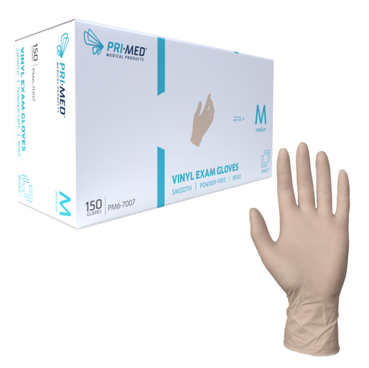 PRIMED Vinyl Powder Free Stretch Beige Exam Gloves - Medium (Box of 150)